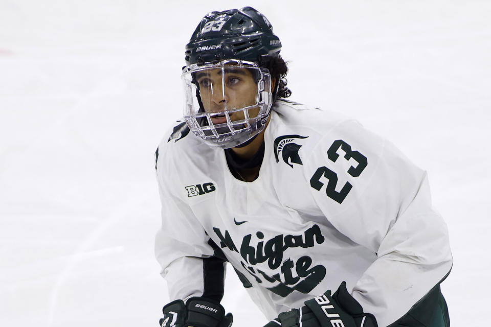 FILE - Michigan State's Jagger Joshua plays during an NCAA hockey game on Saturday, Oct. 16, 2021, in East Lansing, Mich. Michigan State hockey player Jagger Joshua has alleged an opponent from Ohio State directed a racial slur at him during a game. Jagger, who is Black, shared his experience on social media from the Nov. 11 game. (AP Photo/Al Goldis, File)