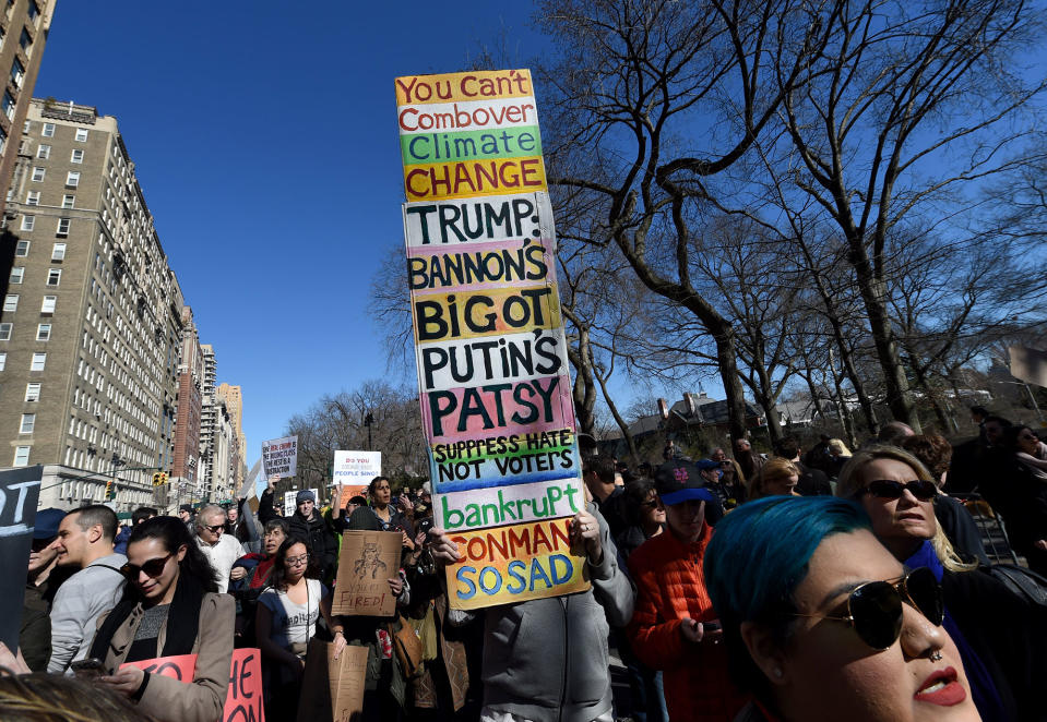 <p>Protestors march near Central Park West in New York City during a “Not My President’s Day” rally on Feb. 20, 2017, as part of a protest against President Trump. (Timothy A. Clary/AFP/Getty Images) </p>