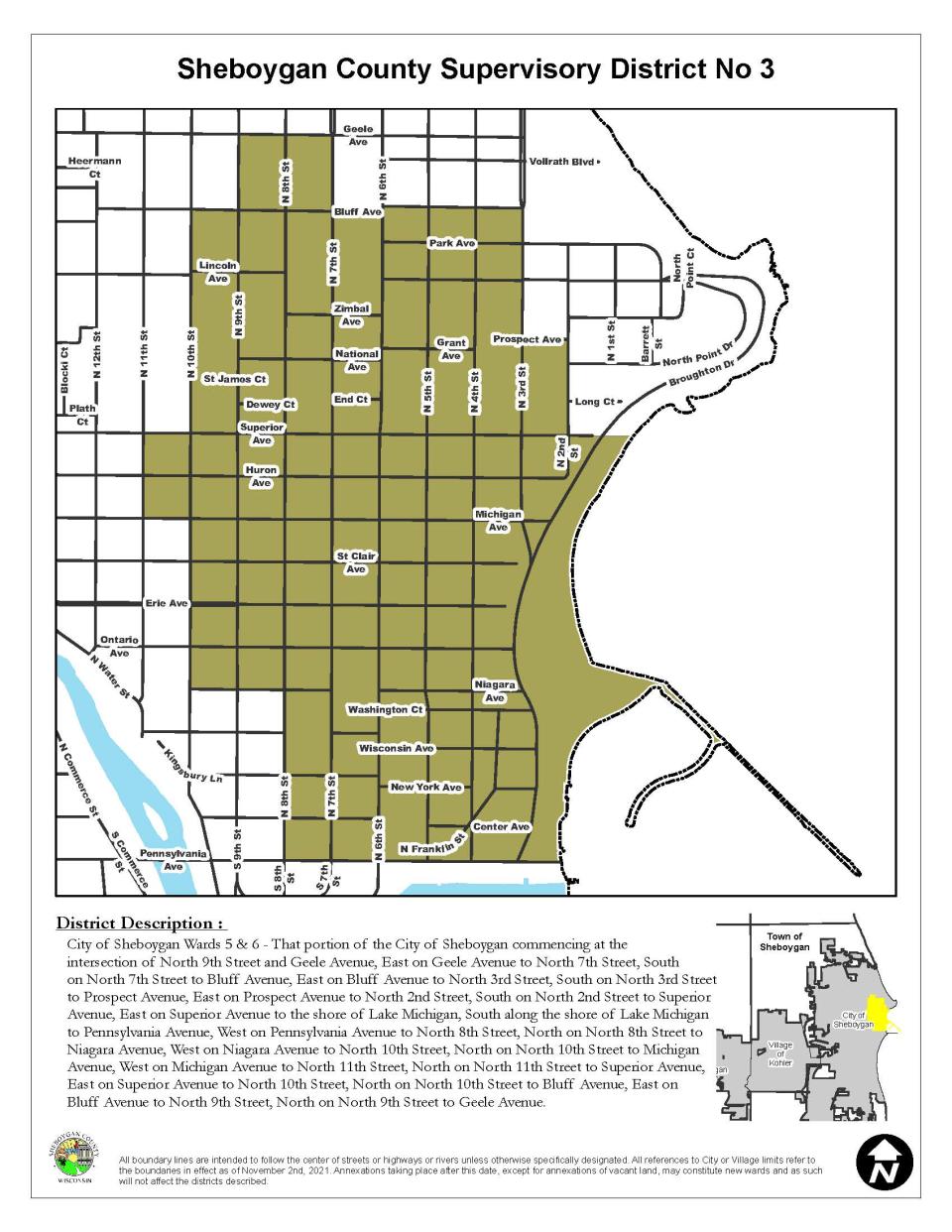 A map of Sheboygan County Supervisory District 3. Three people are running for a two-year term in county board's District 3 seat.