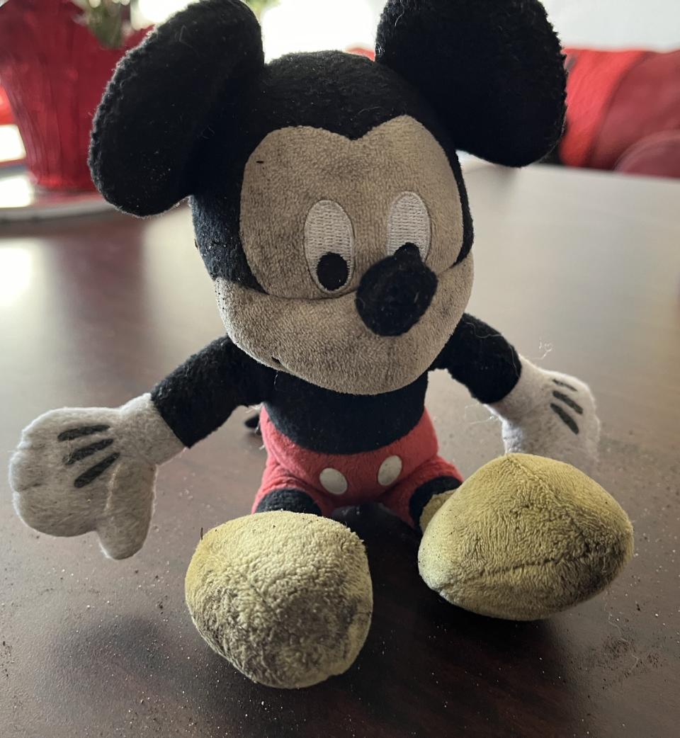 This soiled Mickey Mouse doll was found at a homeless encampment in the New Philadelphia area.