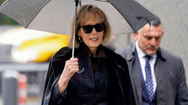 PHOTO: FILE - Former advice columnist E. Jean Carroll arrives at the Manhattan federal court for her lawsuit against former President Donald Trump, May 4, 2023, in New York. (John Minchillo/AP, FILE)