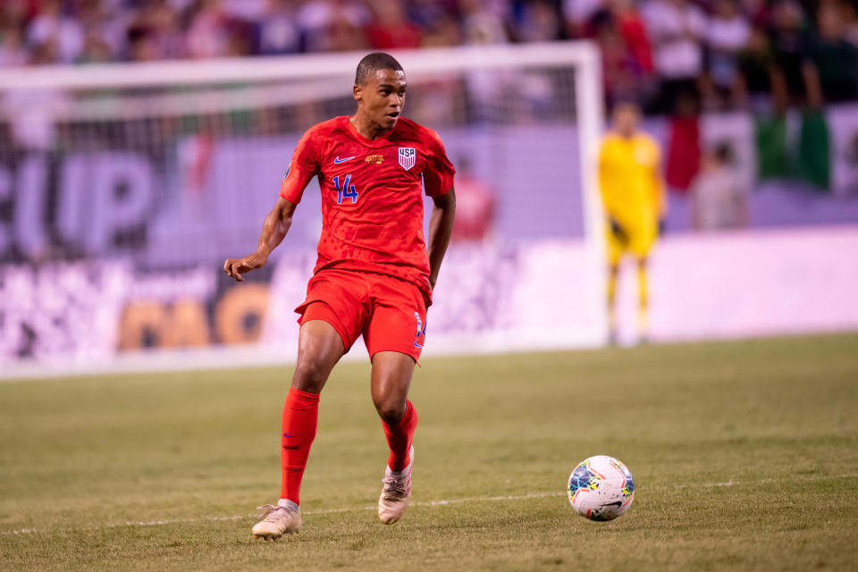 CHICAGO, IL - JULY 07: USA defender Reggie Cannon (14) controls the ball during the CONCACAF Gold Cup final match between the United States and Mexico on July 07, 2019, at Soldier Field in Chicago, IL. (Photo By Patrick Gorski/Icon Sportswire via Getty Images)