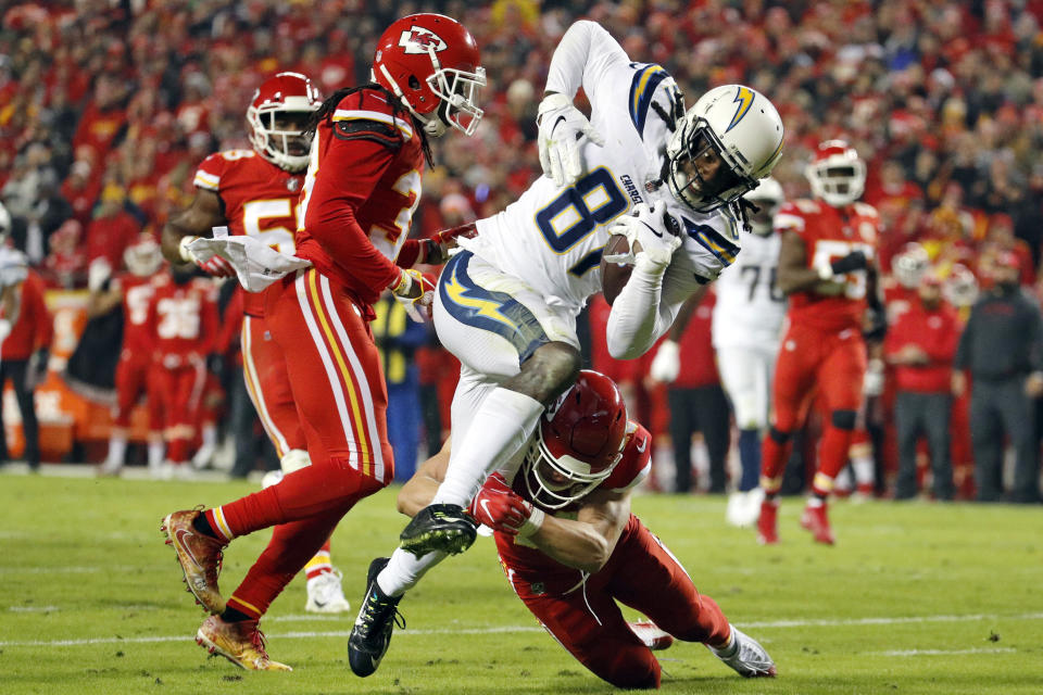 Mike Williams (81) and the Los Angeles Chargers will be rooting for a Chiefs loss this weekend. (AP)