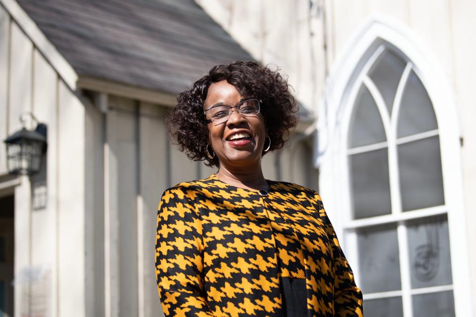 Conservator and executive director Shirley Lee Corsey poses for a portrait in front of the Gather Place Museum building that used to be the Bethel African Methodist Episcopal Church in Yardley, on Monday, March 20, 2023. 