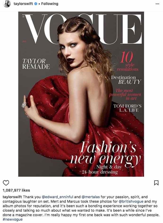 Taylor posted this innocent Instagram photo of her Vogue cover. Source: Mert Alas / Instagram