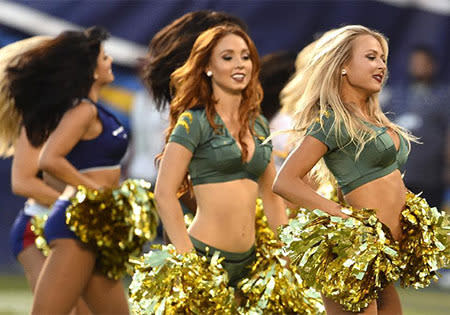 San Diego Chargers cheerleaders entertain during the first half of a preseason NFL football game against the Dallas Cowboys.