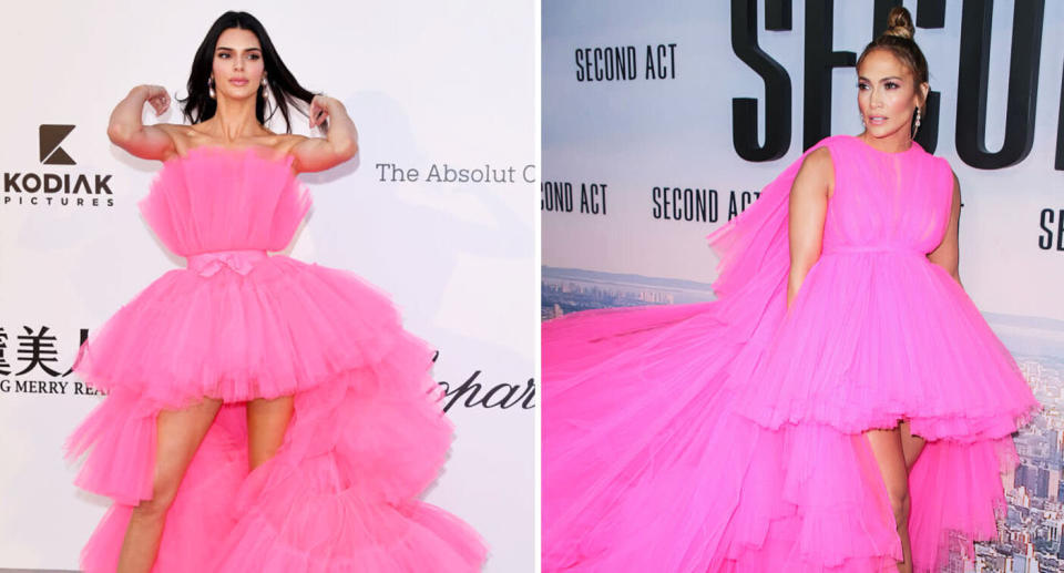 Kendall Jenner (left) and J Lo in their near identical Giambattista Valli creations. 