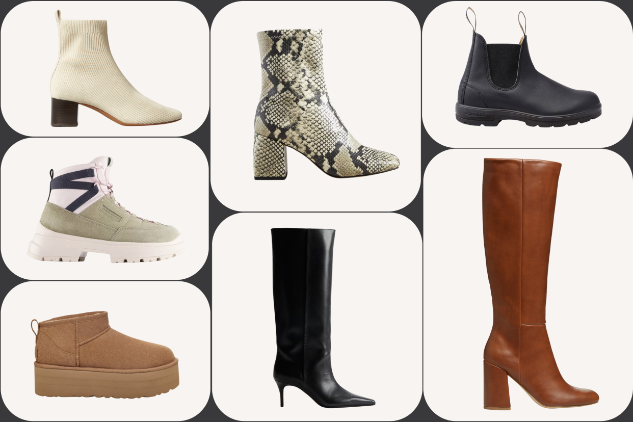 collage of fall and winter boots, Best fall boots for women in 2024, collage of everlane white ankle boots, canada goose green boots, mini ugg boots, black and white alligator skin boots, high heel black knee high boots, brown tall knee high boots