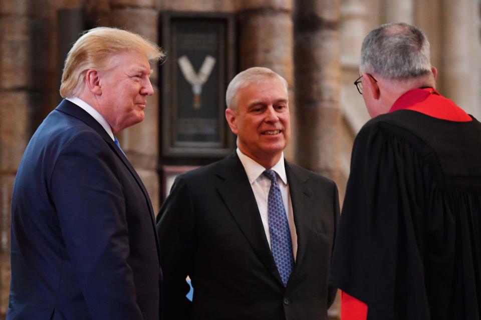 LONDON, ENGLAND - JUNE 03:  Prince Andrew, Duke of York smiles with US President Donald Trump (L) and Dean of Westminster John Hall (R) during the visit to Westminster Abbey on June 03, 2019 in London, England. President Trump's three-day state visit will include lunch with the Queen, and a State Banquet at Buckingham Palace, as well as business meetings with the Prime Minister and the Duke of York, before travelling to Portsmouth to mark the 75th anniversary of the D-Day landings. (Photo by Jeff J Mitchell/Getty Images)