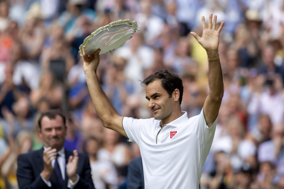 14th July 2019, The All England Lawn Tennis and Croquet Club, Wimbledon, England, Wimbledon Tennis Tournament, Day 13, mens singles final; Losing finalist Roger Federer (SUI) thanks the crowd for their support (photo by Shaun Brooks/Action Plus via Getty Images)