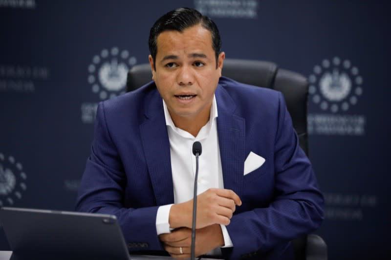 El Salvador's Finance Minister Alejandro Zelaya speaks during a news conference in San Salvador, El Salvador