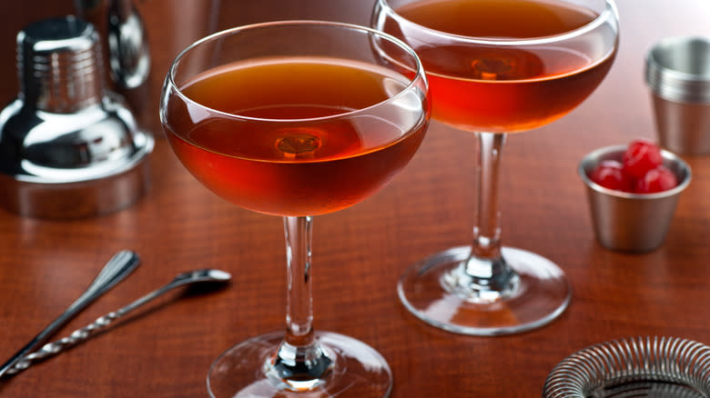 Two rye manhattan cocktails