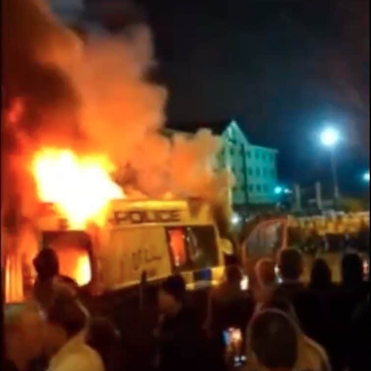 A police van on fire