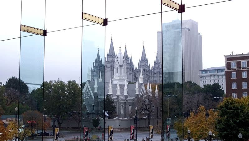 A wet and rainy day in Salt Lake. Looking out through the Symphony Hall windows at Temple Square.