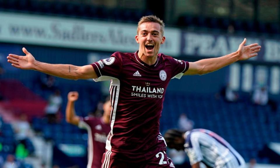 Leicester’s new Belgian defender Timothy Castagne celebrates scoring the opening goal on his Premier League debut.