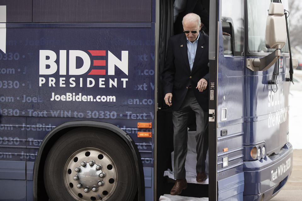 Democratic presidential candidate former Vice President Joe Biden arrives for a campaign event at the University of Northern Iowa, Monday, Jan. 27, 2020, in Cedar Falls, Iowa. (AP Photo/Matt Rourke)