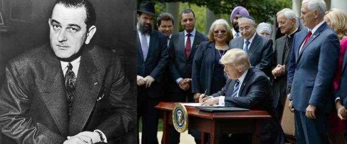 Senator Lyndon B. Johnson in 1954 and President Donald Trump signs an executive order aimed at easing an IRS rule limiting political activity for religious organizations. (Photos: Keystone-France/Gamma-Keystone via Getty Images, Evan Vucci/AP) 