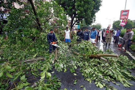 A fireman cuts a log of a fallen tree on a road after heavy rains and strong winds in Ahmedabad, July 27, 2017. REUTERS/Amit Dave