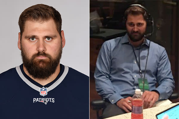 Sebastian Vollmer pictured last year (left) and now (right). (AP/Twitter.com/SiriusXMNFL)