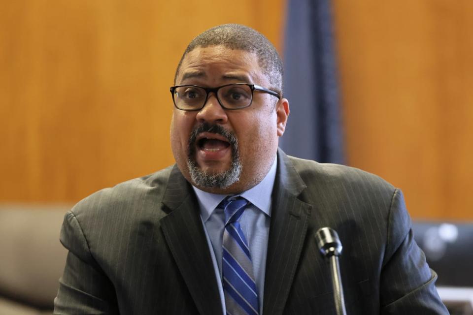 NEW YORK, NEW YORK – JULY 25: Manhattan District Attorney Alvin L. Bragg, Jr. speaks during a press conference regarding Steven Lopez and the Central Park jogger case at New York State Supreme Court on July 25, 2022 in New York City.(Photo by Michael M. Santiago/Getty Images)