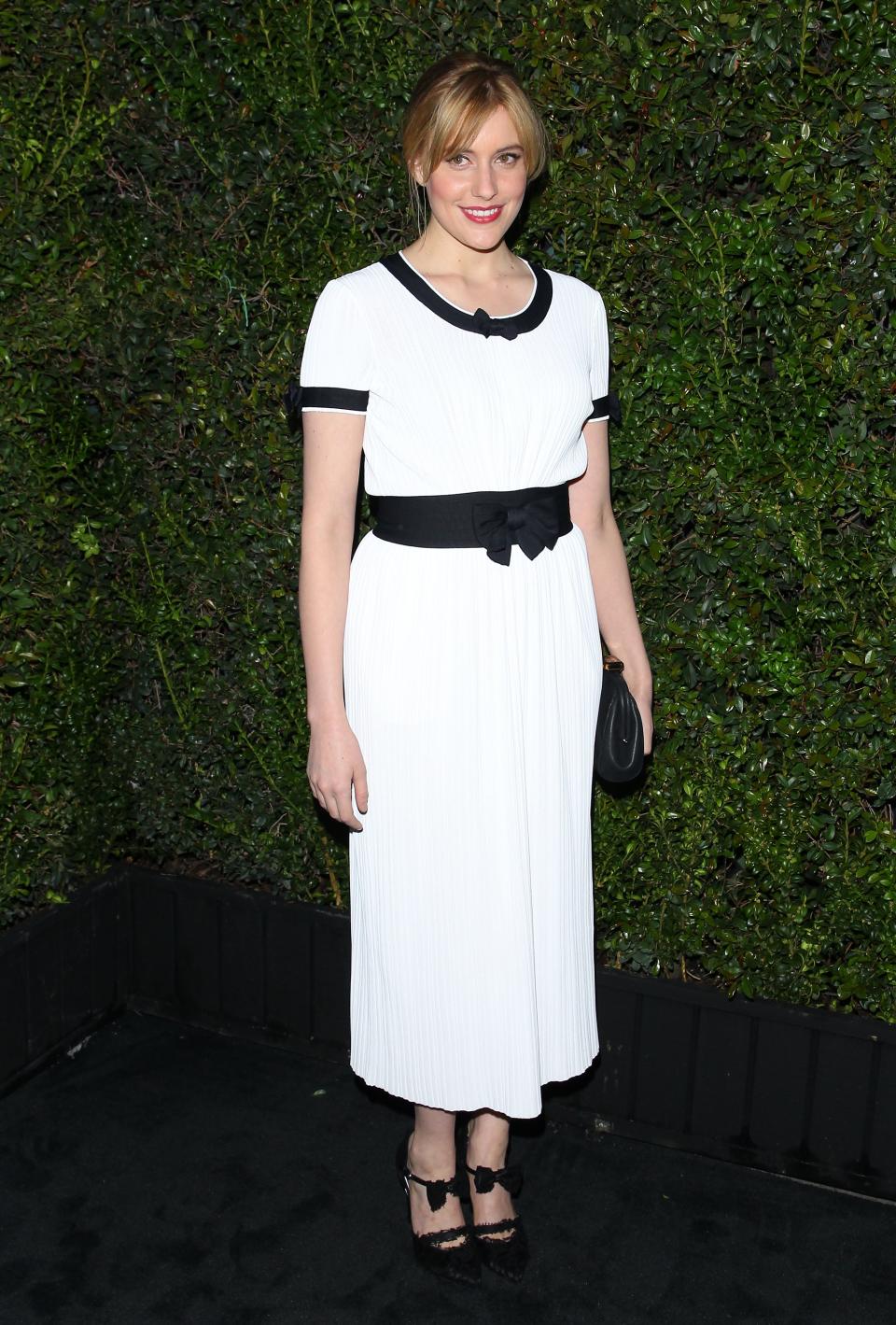 Greta Gerwig, Chanel, lace, bows, pump, maxi dress, Oscars, dinner