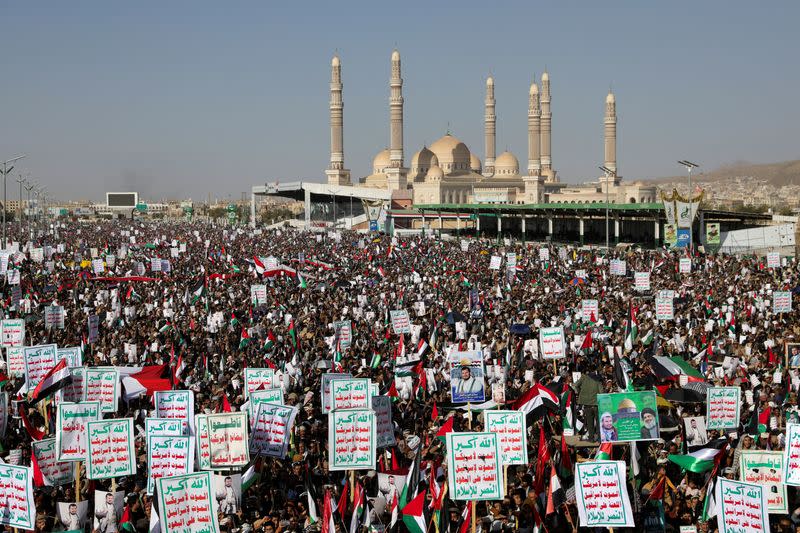 FILE PHOTO: Houthi supporters rally after US, Britain carry out strikes against Houthis