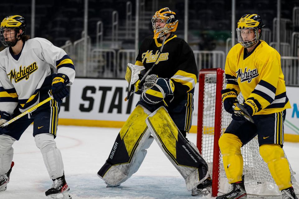 Michigan goaltender Erik Portillo during practice as the Wolverines prepare for a Frozen Four matchup against Denver at TD Garden in Boston on Wednesday, April 6, 2022.