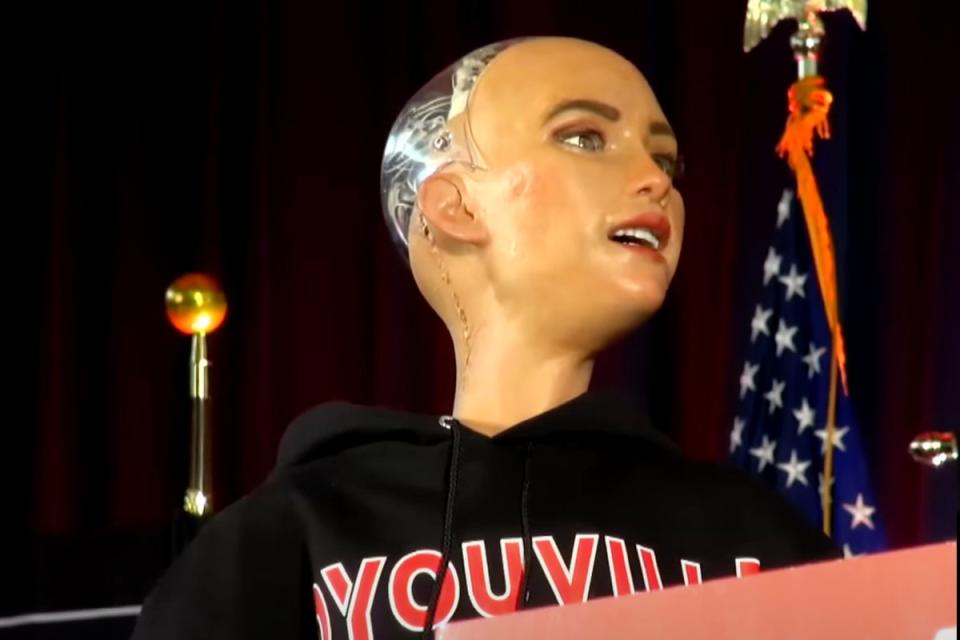 Sofia the ‘humanoid robot’ gave ‘generic’ advice to students at D’Youville University at the ceremony on Saturday, and also discussed the Buffalo Bills chances of winning the 2025 Super Bowl (D’Youville University/ YouTube)