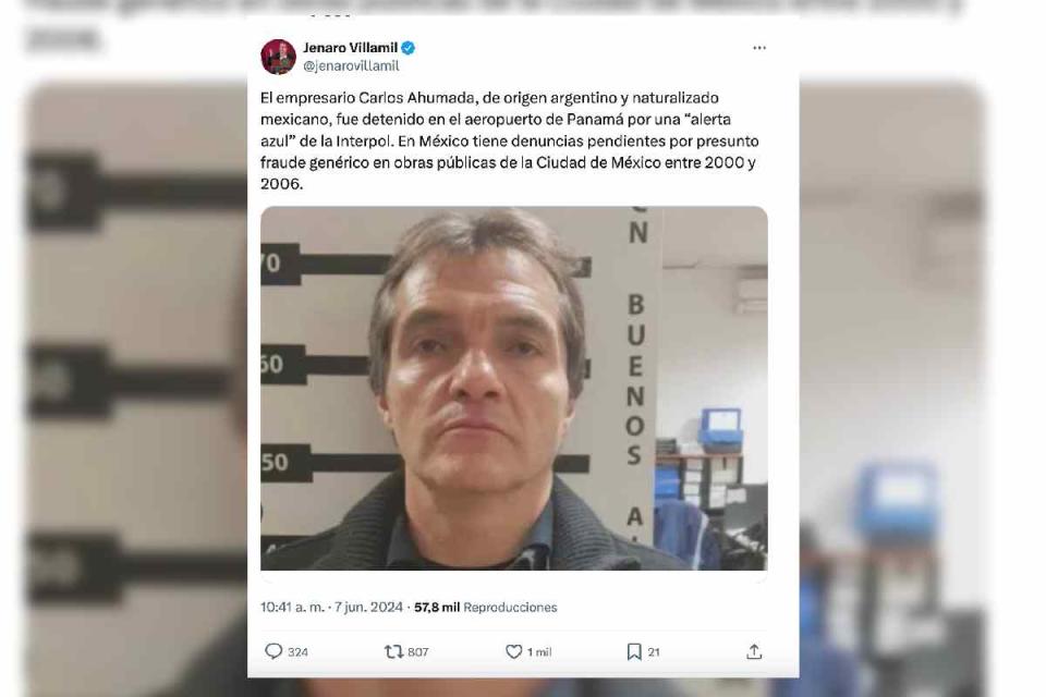 Tuit de Jenaro Villamil sobre la detención del empresario Carlos Ahumada en Panamá.