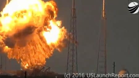 An explosion on the launch site of a SpaceX Falcon 9 rocket is shown in this still image from video in Cape Canaveral, Florida, U.S. September 1, 2016. U.S. Launch Report/Handout via REUTERS