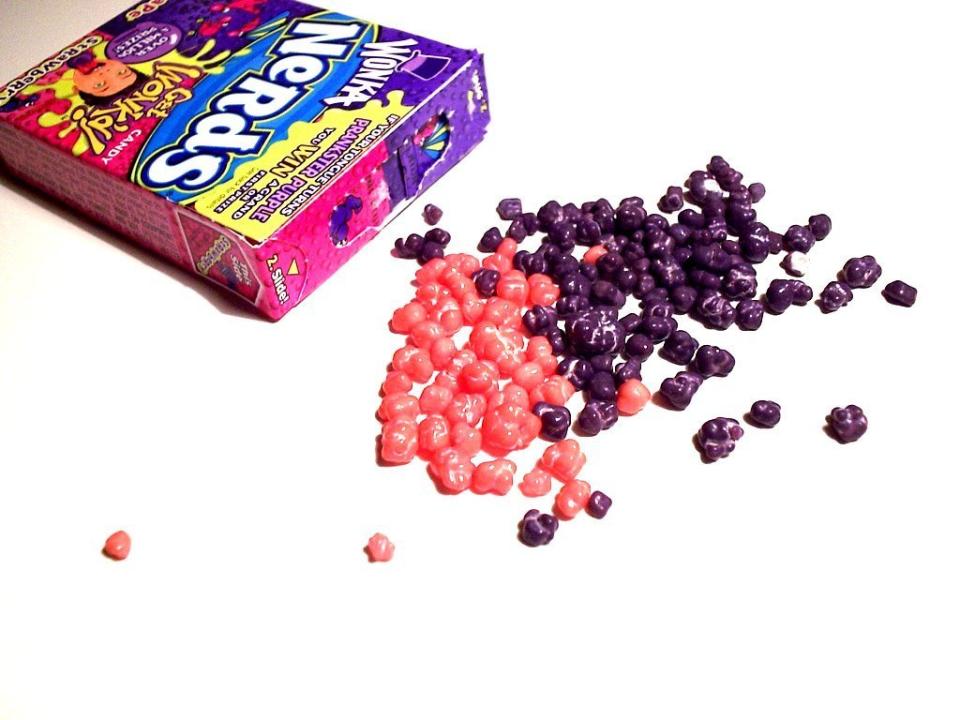 The majority of the <a href="http://www.wonka.com/home.aspx/products">17 ingredients in Wonka Nerds</a> are artificial colors and <a href="http://www.huffingtonpost.com/2012/09/13/other-names-for-sugar-maltose-dextrose_n_1874487.html">sugar by other names</a>. Dextrose, sugar, malic acid, corn syrup, artificial flavors, carnauba wax, carmine color, blue 1, blue 1 lake, blue 2, blue 2 lake, red 40, red 40 lake, yellow 5, yellow 5 lake, yellow 6, yellow 6 lake