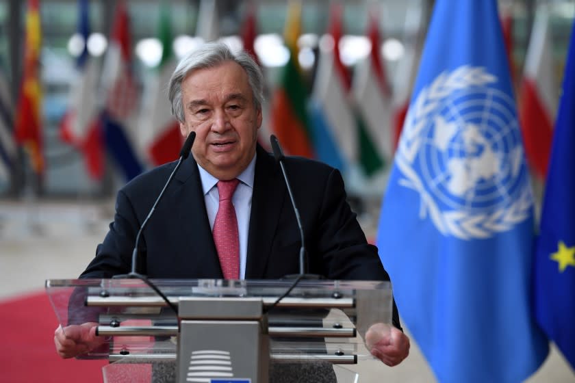 FILE - In this June 24, 2021 file photo, United Nations Secretary General Antonio Guterres addresses journalists during an EU summit at the European Council building in Brussels. Guterres has issued a dire warning, Saturday, Sept. 11, that the world is moving in the wrong direction and faces "a pivotal moment." (John Thys, Pool Photo via AP, File)