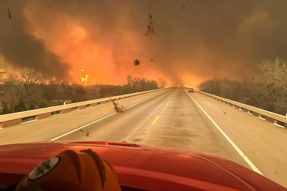 A fire truck driving towards the Smokehouse Creek Fire, near Amarillo, in the Texas Panhandle, on Feb. 27, 2024. (Greenville Professional Firefighters Association)