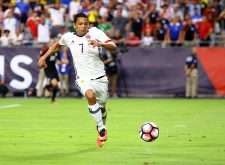 Jun 25, 2016; Glendale, AZ, USA; Colombia forward Carlos Bacca (7) controls the ball against the United States during the third place match of the 2016 Copa America Centenario soccer tournament at University of Phoenix Stadium. Mark J. Rebilas-USA TODAY Sports