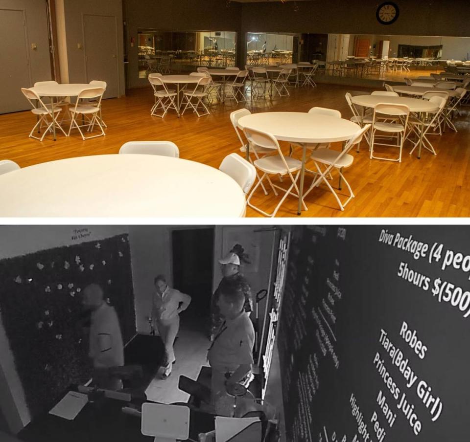 Above, one of the buildings rented by D3 Princess Beauty Shop contains a party room. Below, St. Clair County Building and Zoning Director Anne Markezich, second from left, Jeff Rehberger Sr., father of Far East Center’s owner, and two sheriff’s deputies enter the business for an inspection on May 19, 2022, as shown on surveillance video.