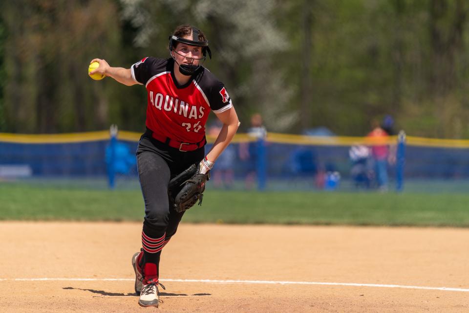 St. Thomas Aquinas' Hayley Wieczerzak (25) pitches the ball against Metuchen on Saturday, April 15 afternoon at the field at Metuchen High School.