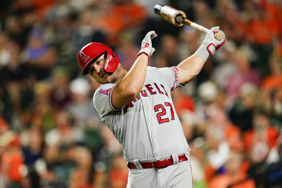 Angels star Mike Trout swings in the on-deck circle against the Baltimore Orioles on July 7.