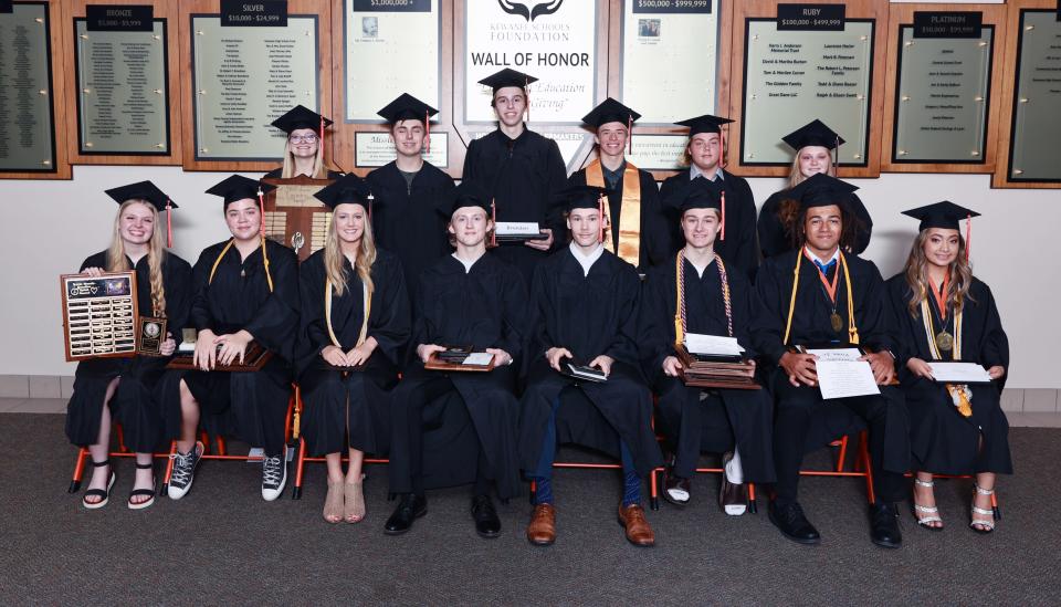 Still more senior award winners, seated from left: Madysen Gardner, Madeline Gustaitis, Jennifer Pratt, Kadin Rednour, Joseph Getz, Jace Clayes, Denniko Powe Jr and Esmeralda Paredes. Standing: Kyra Shimmin, Elliot Nortman, Brendon Lewis, Xander Gruszeczka, Chaz Peed and Kennedy Young. (Missing from the picture: Morgan Golden.)