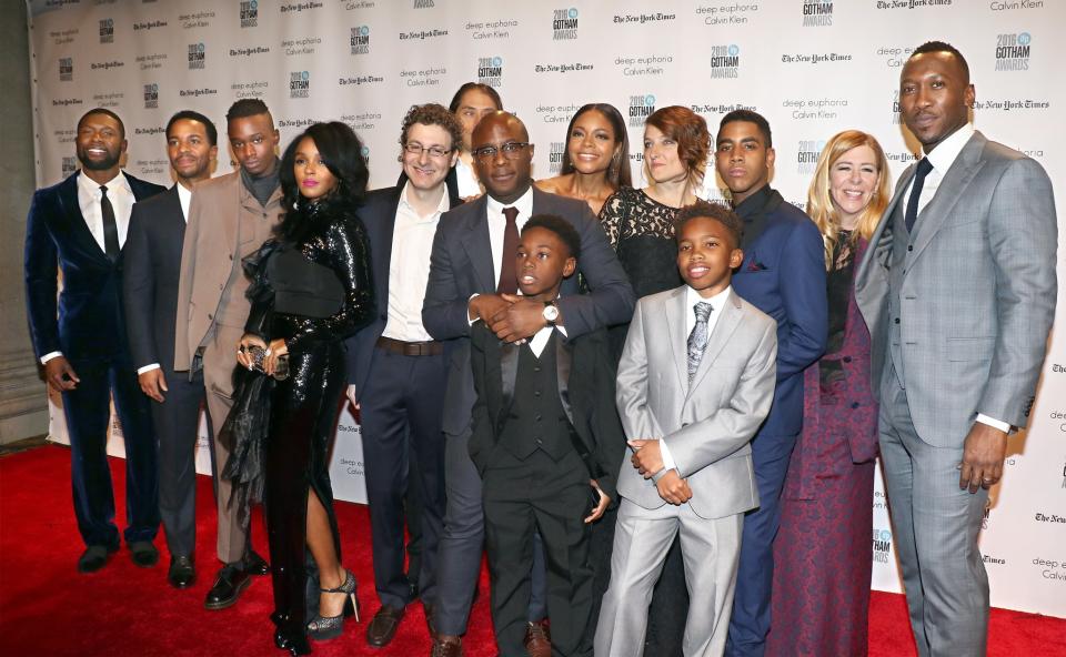 <p>(Left to right) Trevante Rhodes, Andre Holland, Ashton Sanders, Janelle Monae, Jeremy Kleiner, Barry Jenkins, Alex Hibbert, Naomie Harris, Jaden Piner, Adele Romanski, Jharrel Jerome, Dede Gardner, and Mahershala Ali attend the 26th Annual Gotham Independent Film Awards. (Photo by Jim Spellman/WireImage) </p>