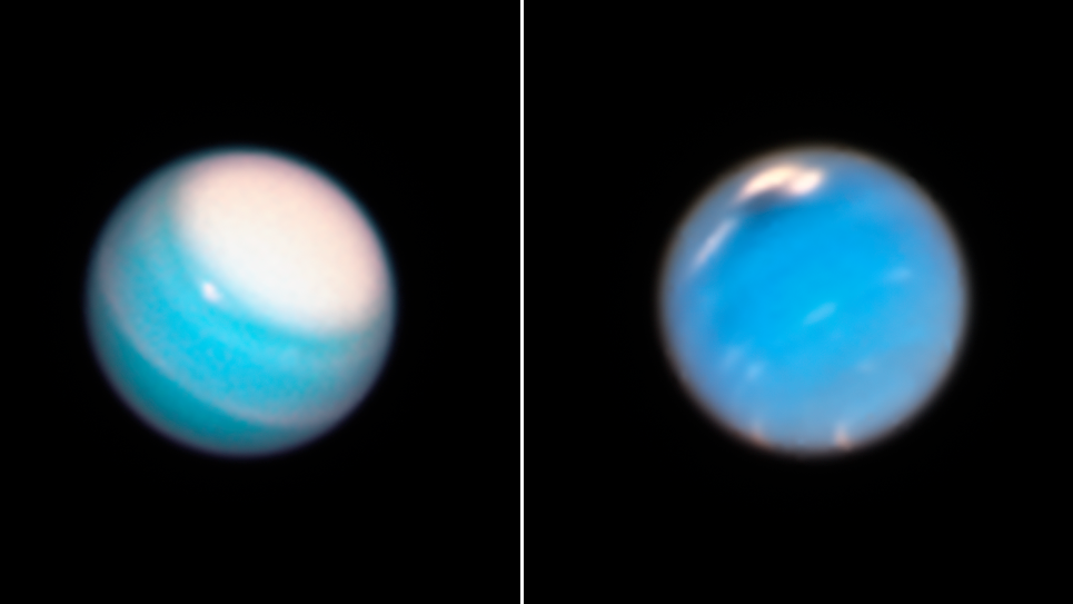 during its routine yearly monitoring of the weather on our solar system's outer planets, nasa's hubble space telescope has uncovered a new mysterious dark storm on neptune right and provided a fresh look at a long lived storm circling around the north polar region on uranus left