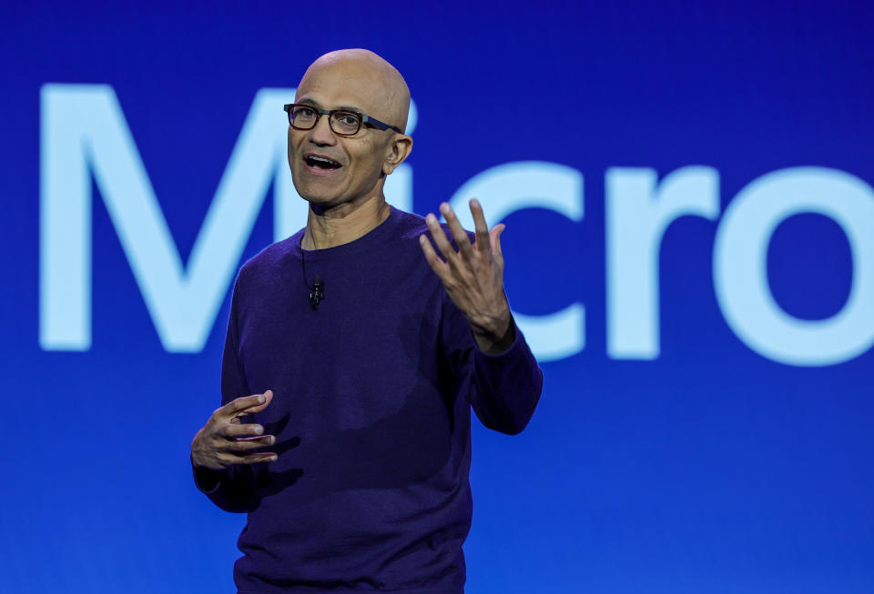 LAS VEGAS, NEVADA - JANUARY 09: Microsoft Chairman and CEO Satya Nadella speaks during a keynote address by Walmart Inc. President and CEO Doug McMillon during CES 2024 at The Venetian Resort Las Vegas on January 9, 2024 in Las Vegas, Nevada. CES, the world's largest annual consumer technology trade show, runs through January 12 and features about 4,000 exhibitors showing off their latest products and services to more than 130,000 attendees. (Photo by Ethan Miller/Getty Images)