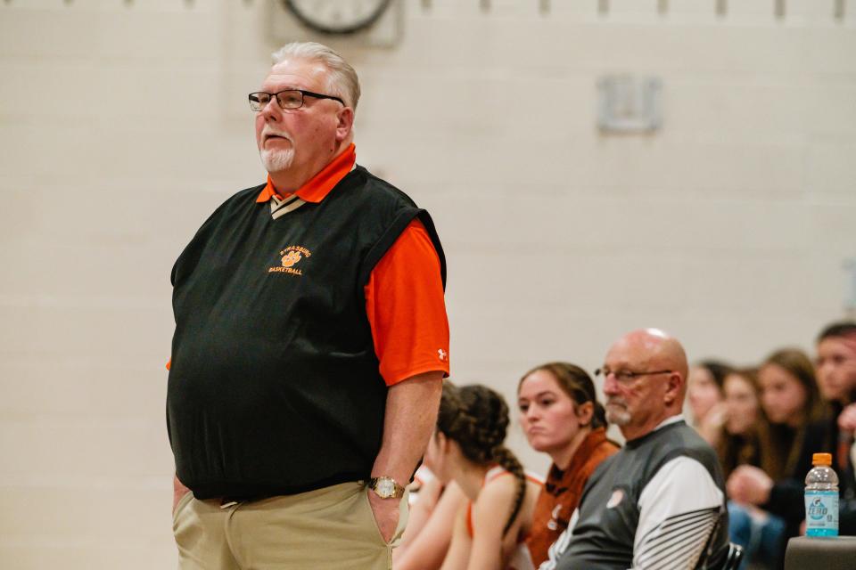 Strasburg girls' basketball head coach Troy McClellan takes in the game against Claymont, Wednesday, Jan. 17 in Strasburg.