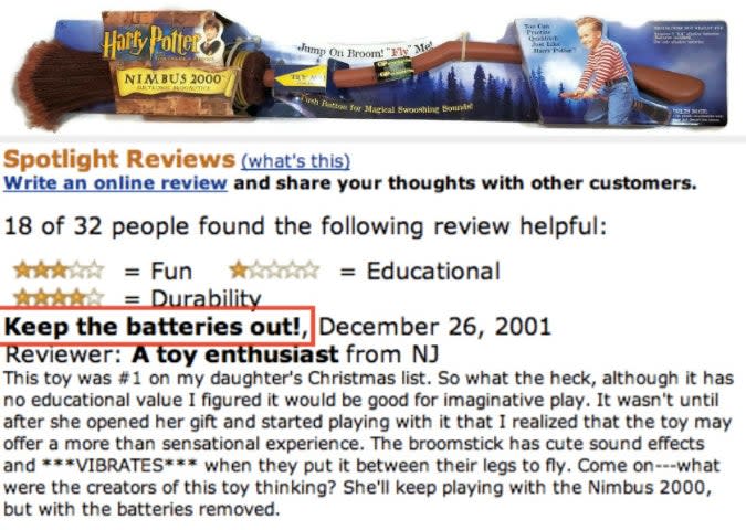 The Harry Potter Nimbus 2000 in its original packaging with an Amazon review that reads, "Keep the batteries out" and discusses how the buyer got the broomstick for their daughter as a Christmas gift, only to learn that it vibrates