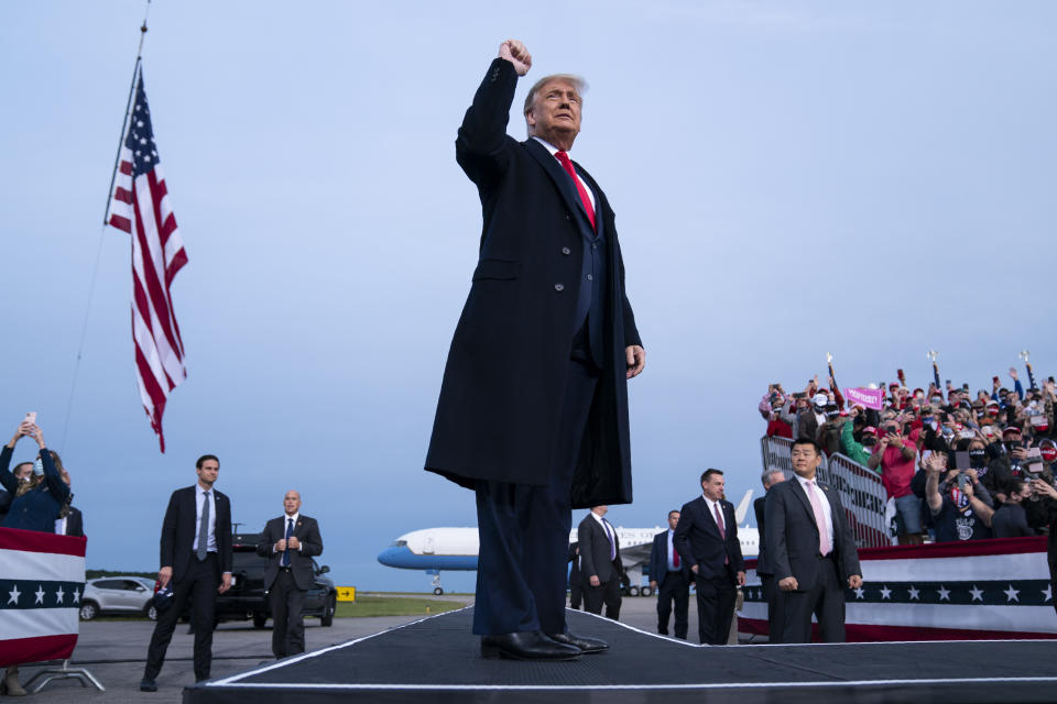 President Donald Trump arrives for a campaign rally at Fayetteville Regional Airport, Saturday, Sept. 19, 2020, in Fayetteville, N.C. (AP Photo/Evan Vucci)