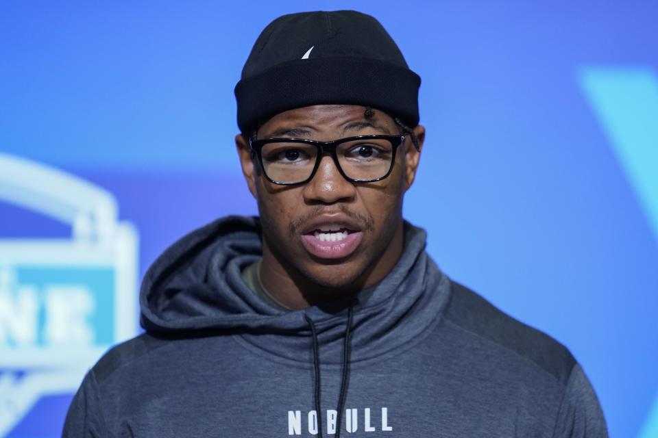 Georgia defensive lineman Nolan Smith speaks during a news conference at the NFL football scouting combine, Wednesday, March 1, 2023, in Indianapolis. (AP Photo/Erin Hooley)