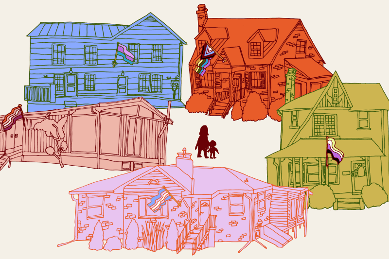 illustration of five houses in a community flying different LGBTQ+ flags with a parent and child in the center looking up at the inclusive pride flag