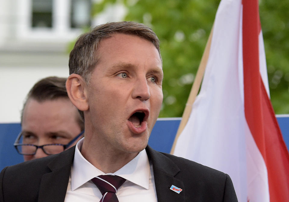 FILE - In this May 18, 2016 file picture the head of the Alternative for Germany party, AfD, in Thuringia, Bjoern Hoecke, speaks during a rally in Erfurt, eastern Germany. AfD leadership has voted to start proceedings that could see the prominent member expelled over comments suggesting that the country end its tradition of acknowledging and atoning for the Nazi past, the party said Monday, Feb. 13, 2017. (AP Photo/Jens Meyer,file)