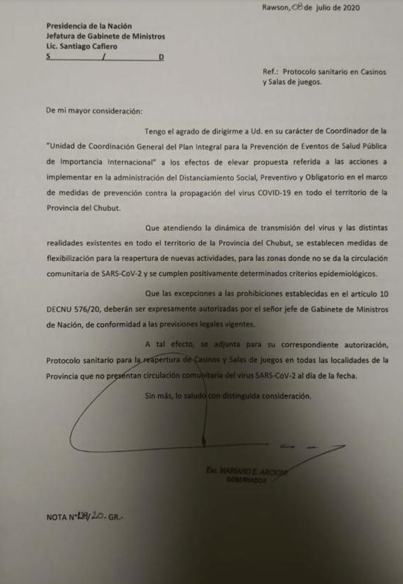 El pedido del gobernador Mariano Arcioni, a las autoridades del gobierno nacional para reabrir las salas de juego en Chubut