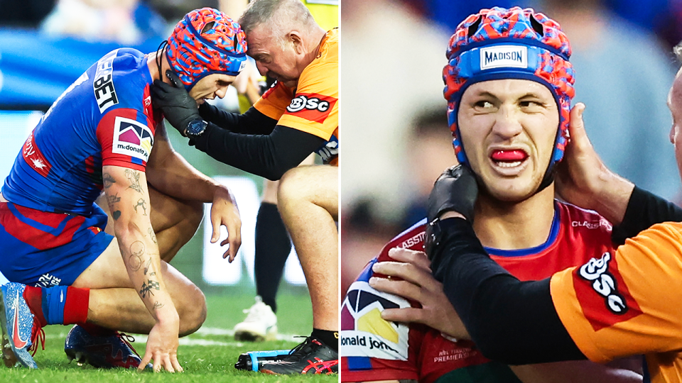 Kalyn Ponga injured and Ponga reacting.