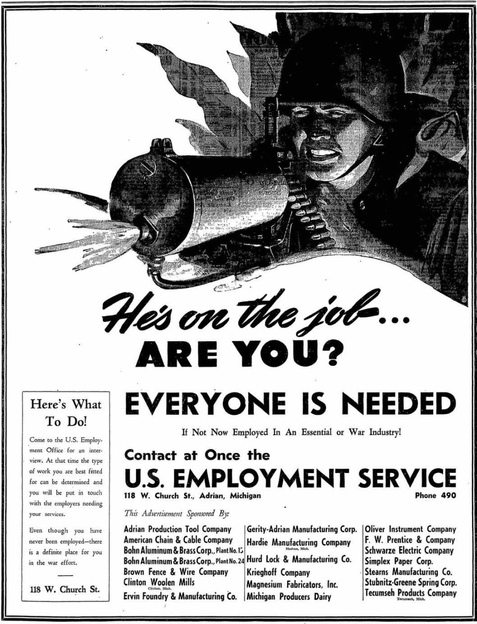 A “help wanted” ad from the April 21, 1943, edition of the Adrian Daily Telegram is pictured, encouraging local participation in the World War II war efforts. Lenawee County manufacturers producing essential war materials suffered labor shortages during a time of increased demand for war products.